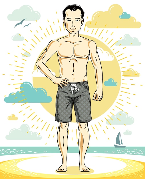 Handsome young man standing on tropical beach in bright shorts. vector athletic male illustration. summer vacation lifestyle theme cartoon.