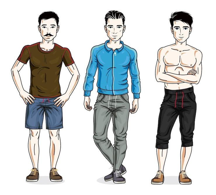 Vector handsome young men group standing in stylish sportswear. vector different people characters set. lifestyle theme male characters.