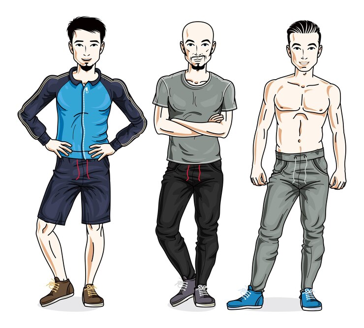 Vector handsome young men group standing in stylish sportswear. vector different people characters set.