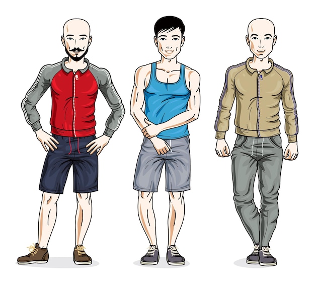 Vector handsome young men group standing wearing stylish sport clothes. vector different people characters set.