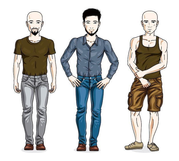 Handsome young men posing wearing casual clothes. Vector set of beautiful people illustrations.