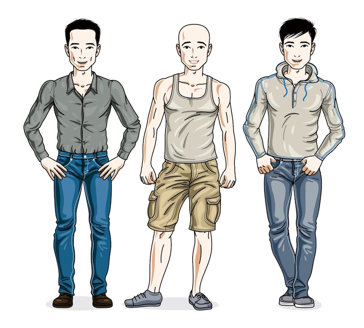 Vector handsome young men standing in stylish casual clothes. vector diverse people illustrations set.