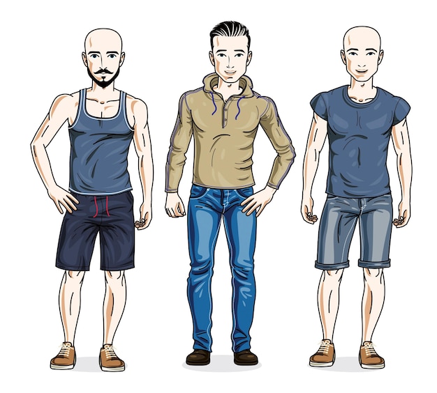 Handsome young men standing wearing fashionable casual clothes. Vector diverse people illustrations set.
