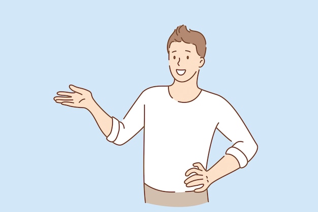 Handtaal en gebarenconcept. Jonge lachende man stripfiguur staande gebaren wijzend opzij met hand vectorillustratie
