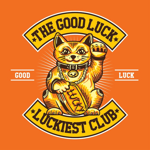 Vector handtekenen lucky cat vector illustratie in patch design de good luck luckiest club