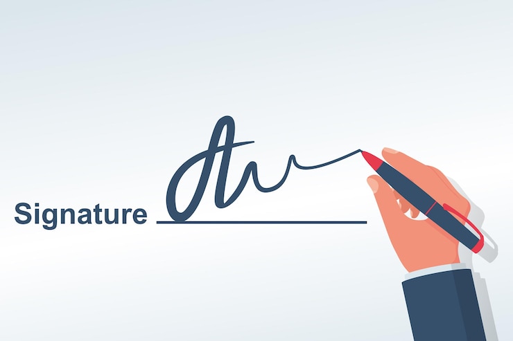 Vector handtekening concept. zakenman met pen zet handtekening op een stuk papier. vector illustratie plat ontwerp. het sjabloon voor de overeenkomst. juridische bevestiging. geïsoleerd op een witte achtergrond.