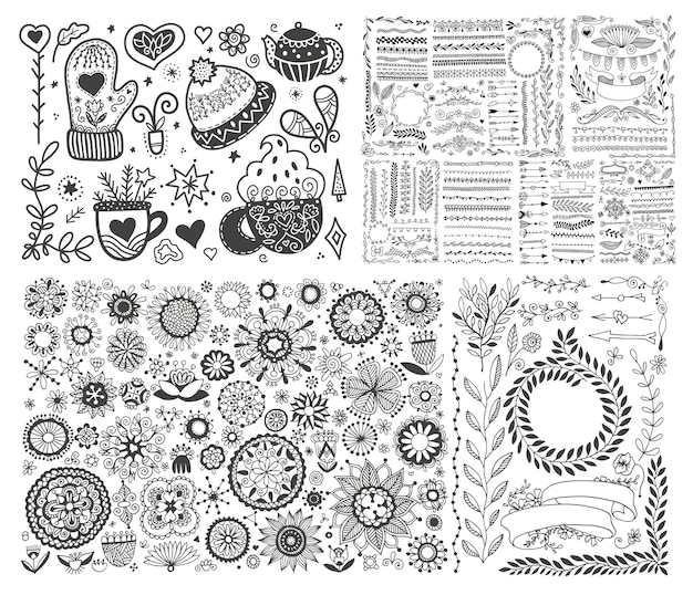 Vector handtekening scandinavische doodles elementen noorse schets vector illustratie