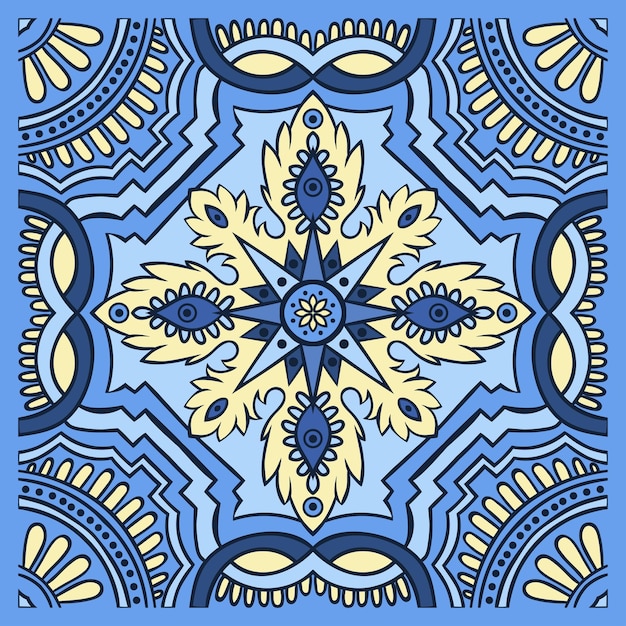 Handtekening tegelpatroon in blauwe en gele kleuren Italiaanse majolica-stijl