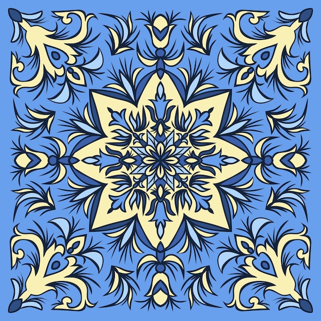 Handtekening tegelpatroon in blauwe en gele kleuren Italiaanse majolica-stijl