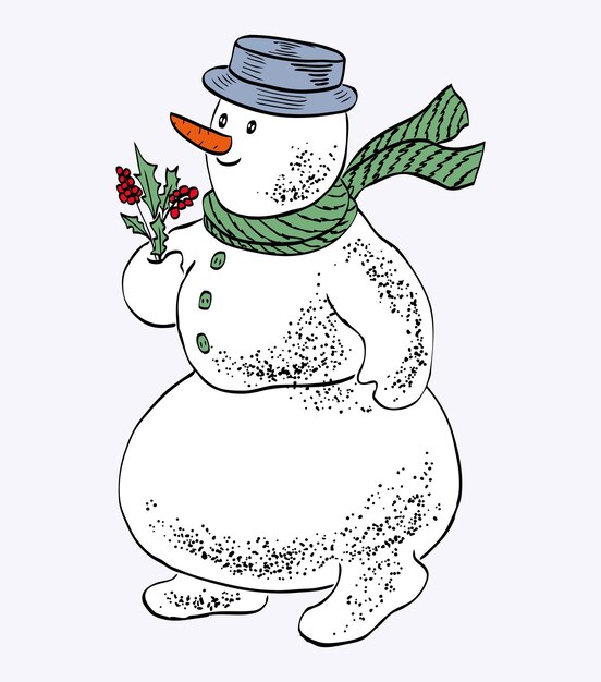 Handtekening van een vrolijke glimlachende sneeuwman die loopt met holly branch vector illustratie