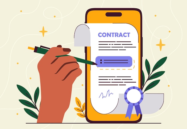 Handtekening van het contractconcept met pen in de buurt van het elektronische scherm van de smartphone en digitaal