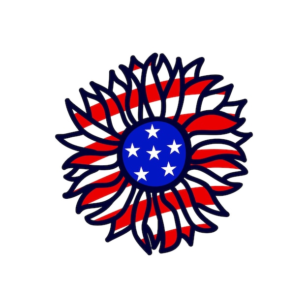 Handtekening zonnebloem kleur van Amerikaanse vlag Vector illustratie 4 juli Onafhankelijkheidsdag sjabloon voor t-shirt afdrukontwerp wenskaart sticker Hand tekenen bloem sterren en strepen