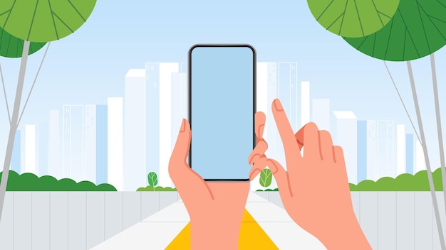Handtelefoon met leeg scherm smartphone plaatsing met stad stad achtergrond