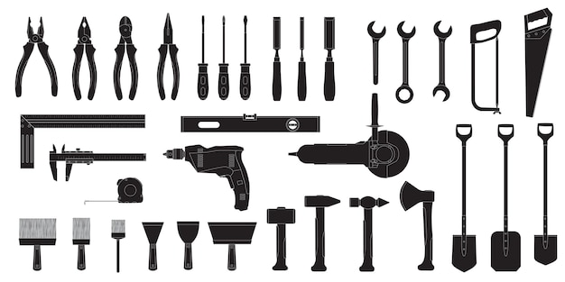 Handwerkerwerkplaats werktuigpakket voor huishoudelijk onderhoud handgemaakte werktuigen bouwwerktuigen hamers en schoppen vectorbouw- of reparatie-instrumenten silhouetten set