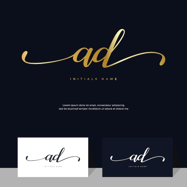 Handwriting Initial of letter AD A D feminine and beauty logo design on gold color