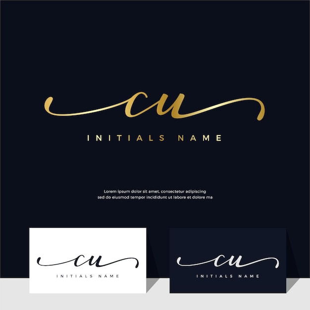 Handwriting initial of letter cu c u feminine and beauty logo design on gold color