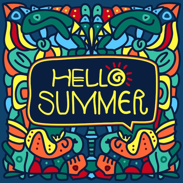 Handwriting Letter Hello Summer Hand drawn name of the season of the year with an abstract background Colorful ornament Doodle drawings A bright poster with a welcome phrase Vector illustration
