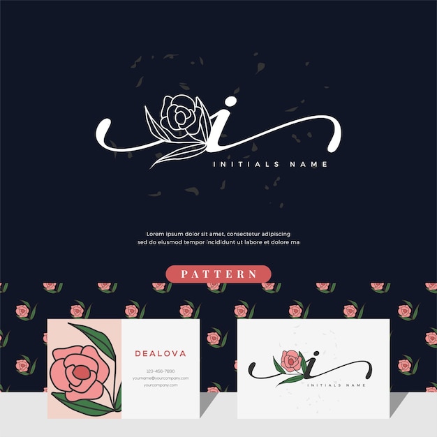 Handwriting letter I logo design with rose