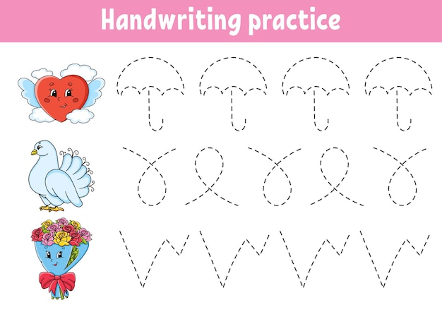 Handwriting pactice. Education developing worksheet. Activity page. Valentine's Day.