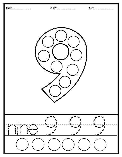 ドット マーカーで数字を書くための手書きページ、幼稚園の数字トレース ワークシート