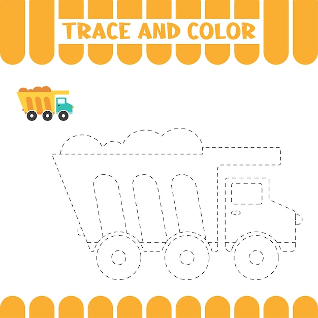 Handwriting practice activity page for preschoolers with trace dump car Tracing educational worksheet for kids