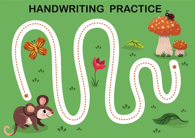 Vector handwriting practice for children in forest animals theme vector and educational illustration