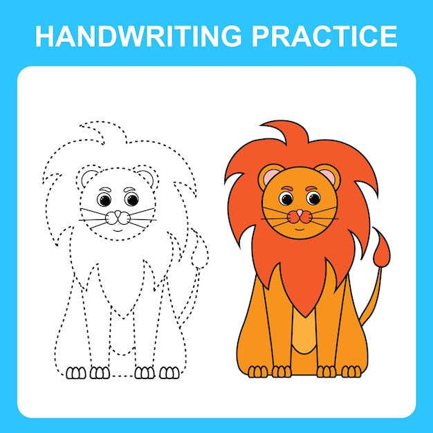 Handwriting practice Draw lines and color the lion Educational kids game coloring sheet printable worksheet Vector illustration