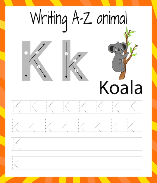 Handwriting practice sheet. Basic writing. Educational game for children. Learning the letters of the English alphabet for kids. Writing letter K