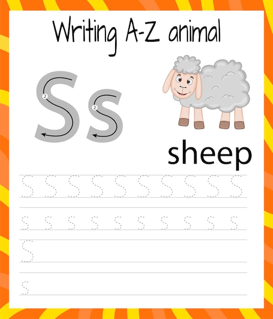 Handwriting practice sheet. basic writing. educational game for children. learning the letters of the english alphabet for kids. writing letter s