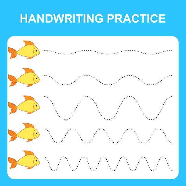 Handwriting practice sheet Educational children game restore the dashed line Writing training printable worksheet with with wavy lines and fish Vector illustration