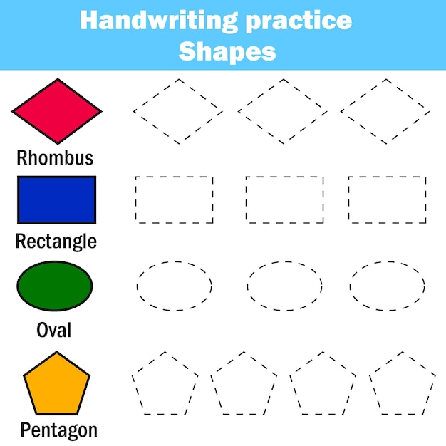 Vector handwriting practice sheet educational children game writing training kids activity learning geometry shapes printable worksheet