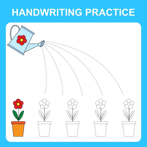 handwriting practice sheet illustration coloring page watering flowers from a watering can materials for teaching and development of children vector illustration