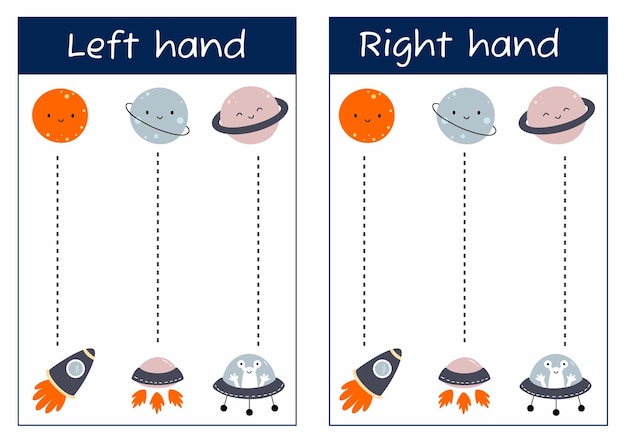 Handwriting practice sheet Logical game for development of interhemispheric connections Write with your left and right hand Learning to write Send rocket to planet Space Formation neural connect