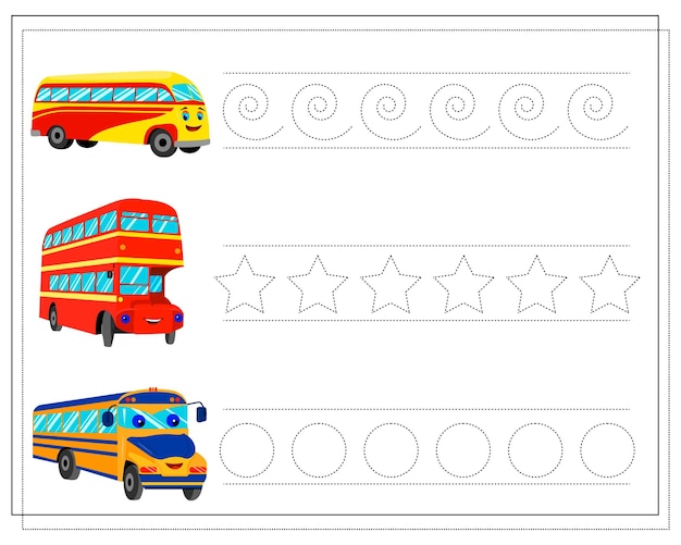 Handwriting practice sheet restore the dotted line cartoon bus with eyes and smile of red
