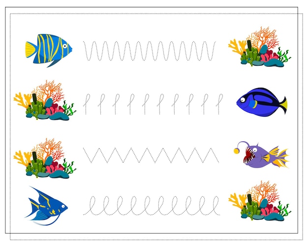 Handwriting practice sheet restore the dotted line fish and corals