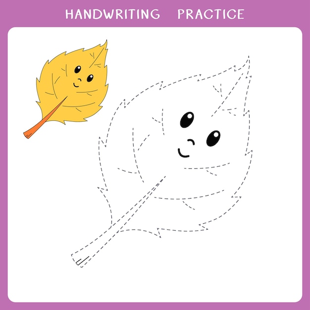 Foglio di pratica per la scrittura a mano con una simpatica foglia d'autunno