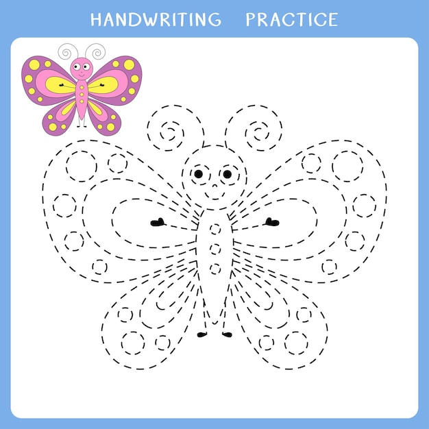 Handwriting practice sheet with cute butterfly for kids
