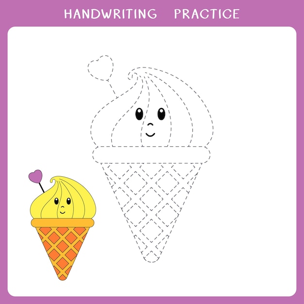 Handwriting practice sheet with cute lemon ice cream