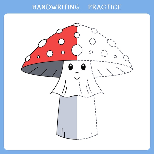 Handwriting practice sheet with cute mushroom for coloring book