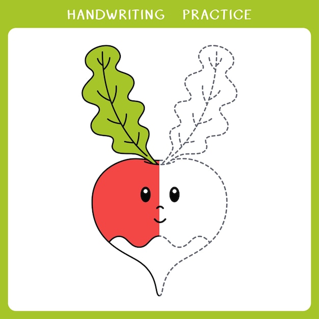 Handwriting practice sheet with cute radish for kids