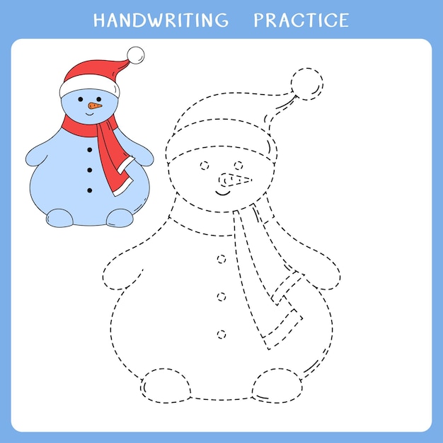 Handwriting practice sheet with cute snowman for kids