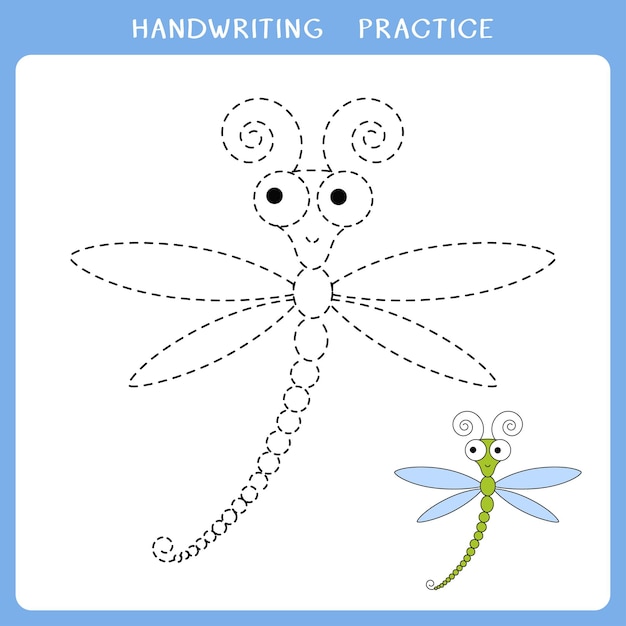 Handwriting practice sheet with dragonfly for kids