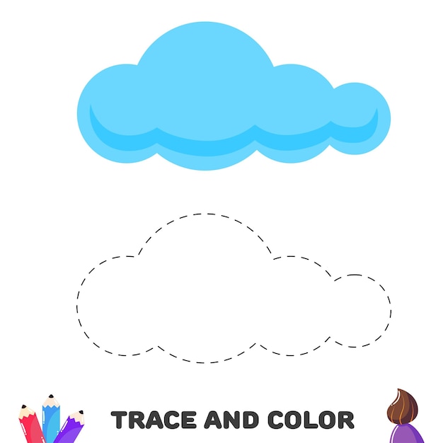 Handwriting practice trace and color the cloud educational sheet with game for kids vector illustrationxa