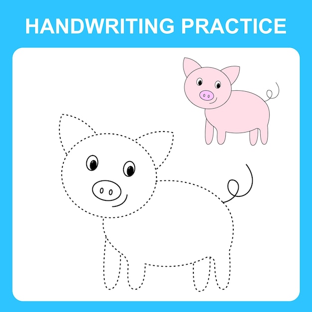手書きの練習 線をなぞり、豚に色を付ける 教育的な子供向けゲーム塗り絵シート 印刷可能なワークシート ベクターイラスト