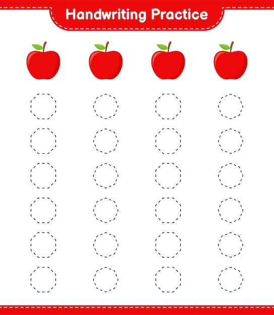 필기 연습. Apple의 추적 라인. 교육용 어린이 게임, 인쇄 가능한 워크 시트