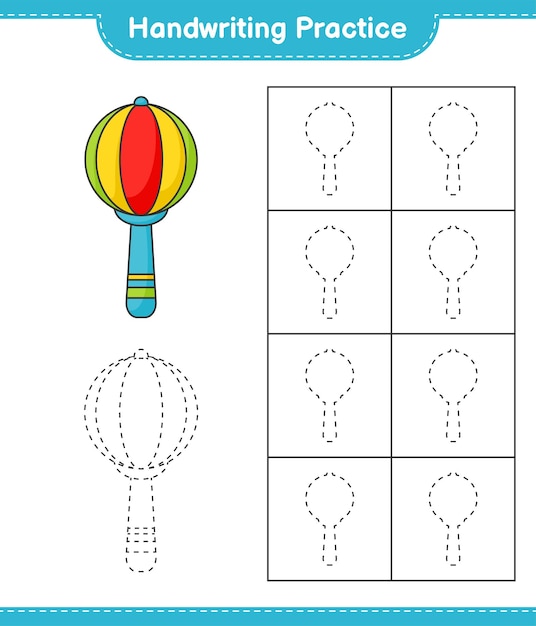 Handwriting practice. Tracing lines of Baby Rattle. Educational children game, printable worksheet, vector illustration