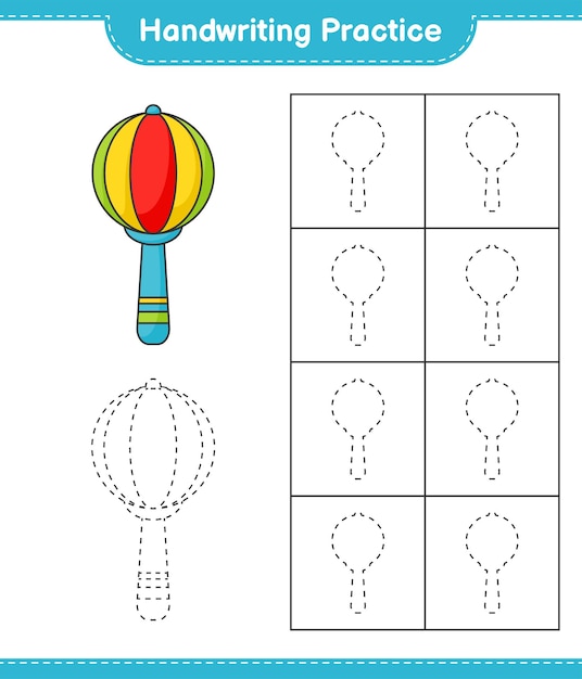 Практика почерка. Трассировка линий детской погремушки. Развивающая детская игра, лист для печати, векторные иллюстрации