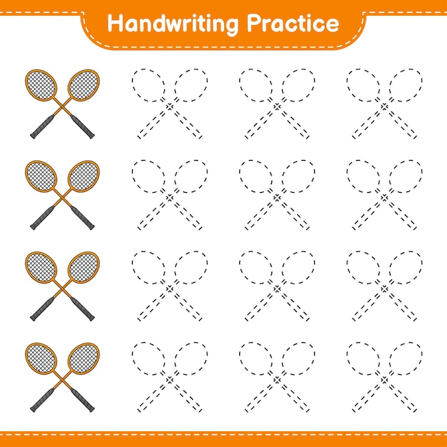 Pratica della scrittura a mano. linee di tracciamento delle racchette da badminton. gioco educativo per bambini, foglio di lavoro stampabile, illustrazione vettoriale