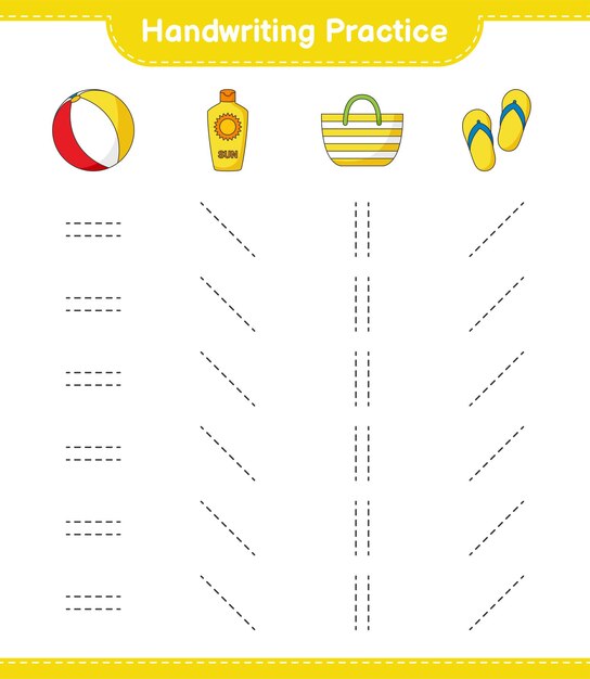 Handwriting practice tracing lines of ball sunscreen bad and slipper educational children game printable worksheet vector illustration