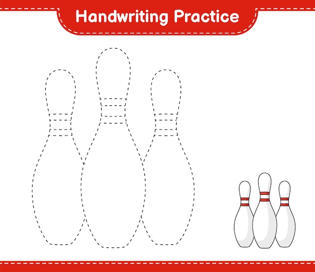 Pratica della scrittura a mano. tracciare le linee di bowling pin. gioco educativo per bambini, foglio di lavoro stampabile, illustrazione vettoriale